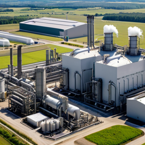 Home 13 **Sustainable Chemical Processes**: Create an image depicting a modern chemical plant utilizing sustainable practices. Show elements like renewable energy sources, alternative raw materials, and advanced technologies that reduce carbon emissions, highlighting the harmony between industrial processes and the environment.