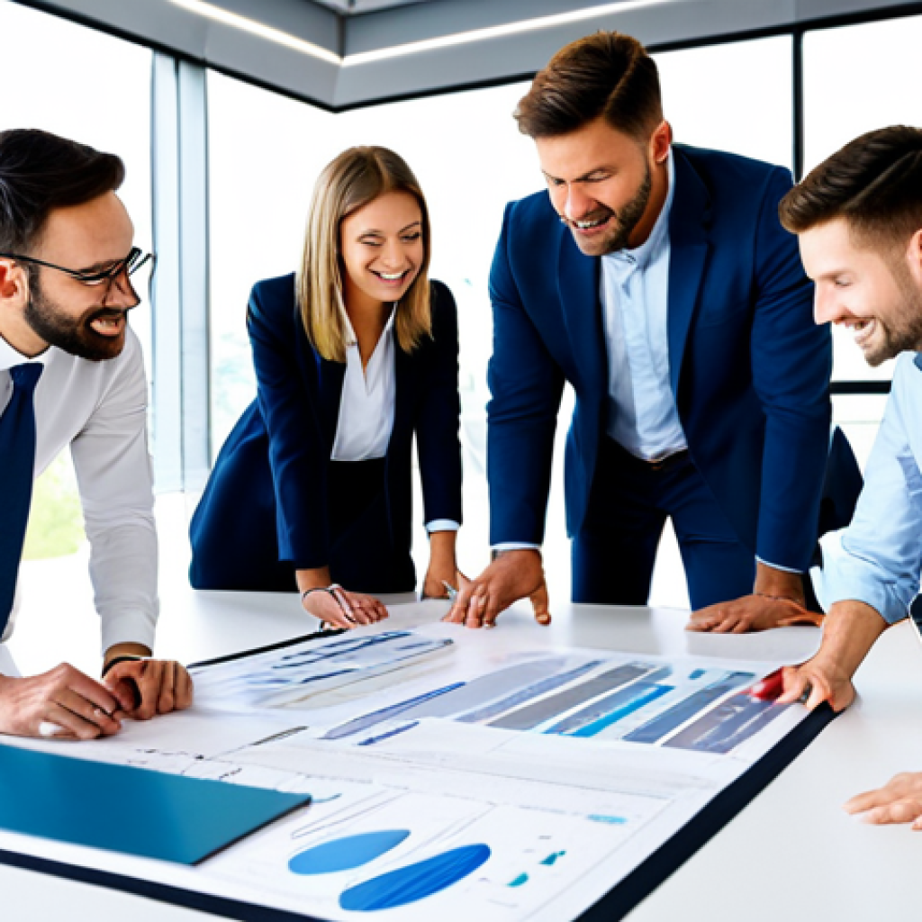 Interdepartmental Collaboration**

"A bright, modern office space filled with diverse professionals (engineers, marketers, finance) collaborating around a large table, reviewing blueprints and digital displays, fully clothed in business attire, safe for work, appropriate content, perfect anatomy, natural proportions, professional, family-friendly, well-formed hands, proper finger count, natural body proportions. Focus on teamwork and positive interaction."

**