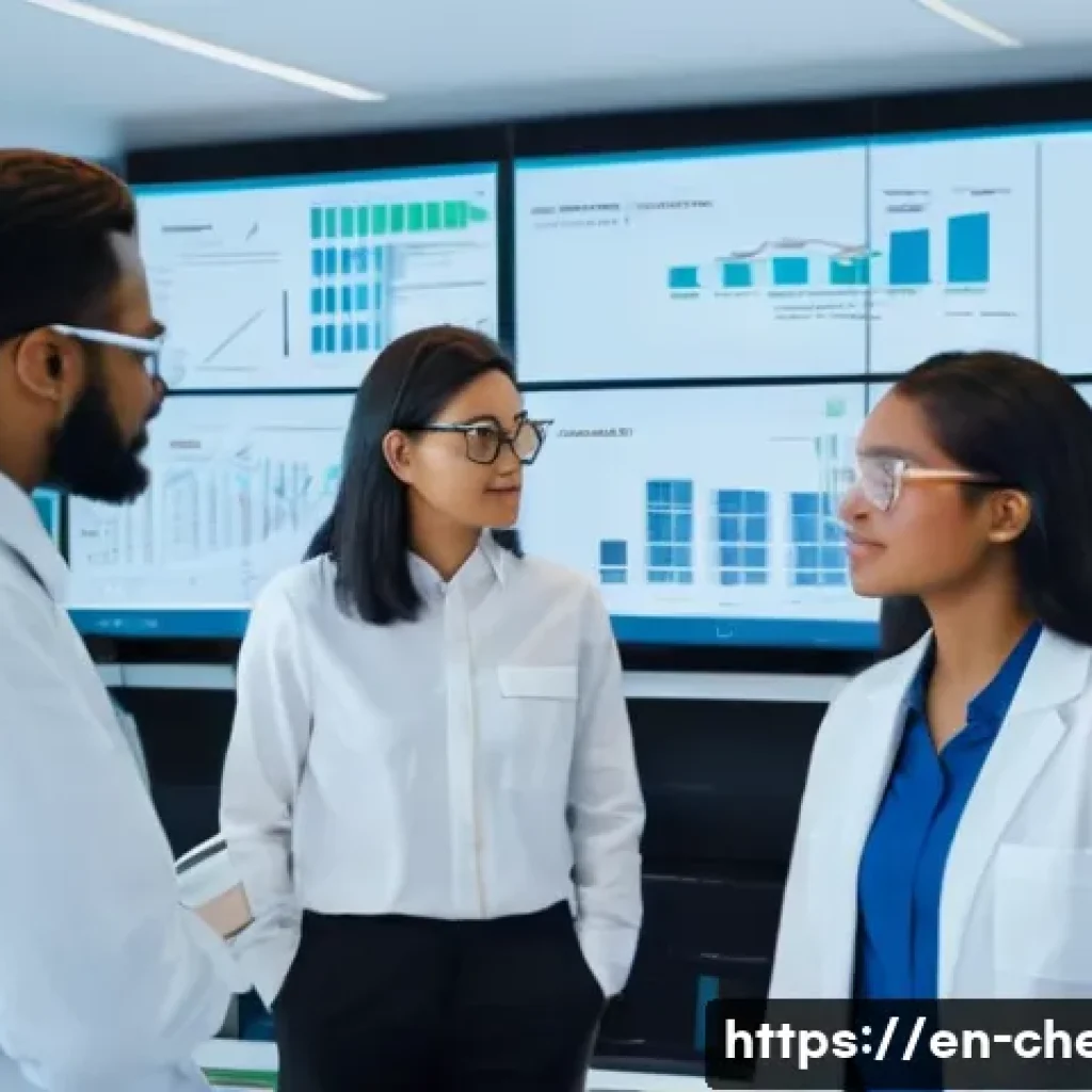 화학공학 직장 내 커뮤니케이션 - A diverse chemical engineering team in a modern industrial control room, engaged in a transparent co...