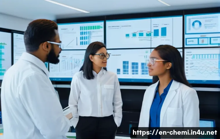 화학공학 직장 내 커뮤니케이션 - A diverse chemical engineering team in a modern industrial control room, engaged in a transparent co...