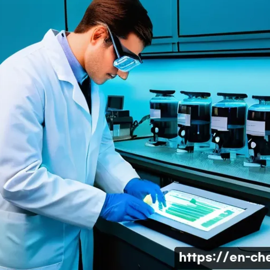 화학공학 실험 연구 사례 - A detailed laboratory scene focused on reaction kinetics experiments: a scientist wearing safety gog...