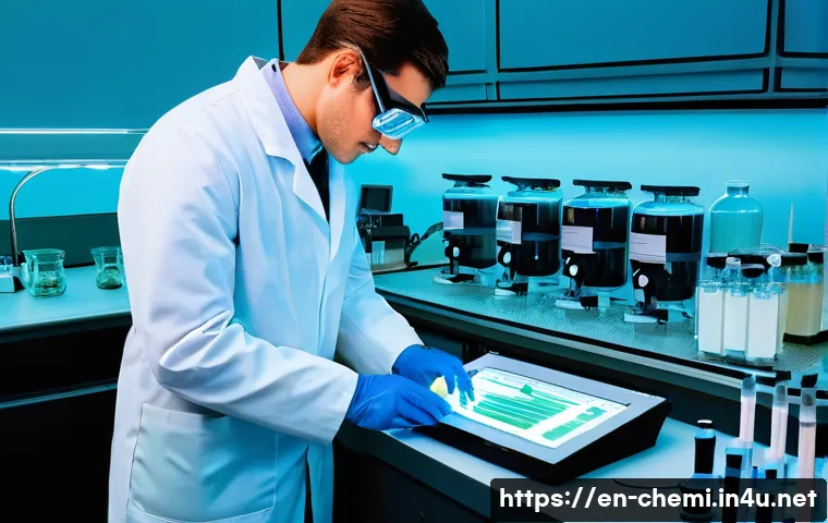 화학공학 실험 연구 사례 - A detailed laboratory scene focused on reaction kinetics experiments: a scientist wearing safety gog...