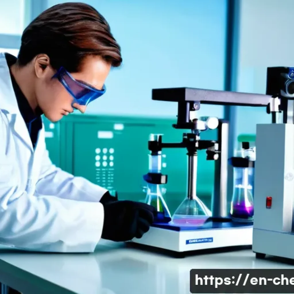 화학공학 실험 실기 기술 - A modern chemical laboratory scene featuring a scientist wearing safety goggles, gloves, and a lab c...