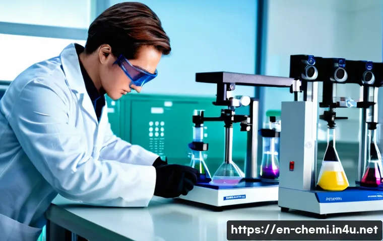 화학공학 실험 실기 기술 - A modern chemical laboratory scene featuring a scientist wearing safety goggles, gloves, and a lab c...