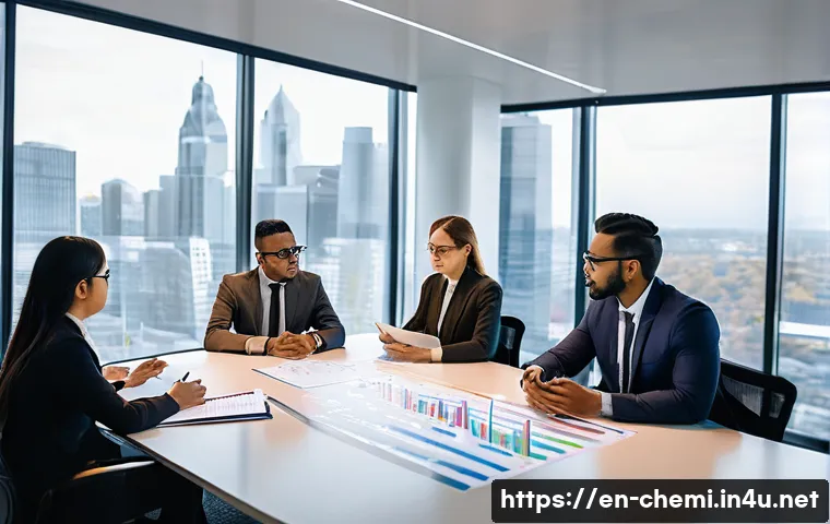 화학공학 직장 내 갈등 해결 - A professional chemical engineering team gathered around a large conference table in a modern office...