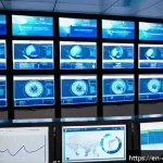 화학공학 환경 규제 준수 - A modern chemical engineering control room featuring multiple large digital screens displaying real-...