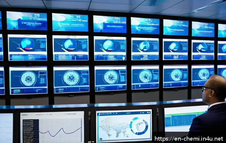 화학공학 환경 규제 준수 - A modern chemical engineering control room featuring multiple large digital screens displaying real-...