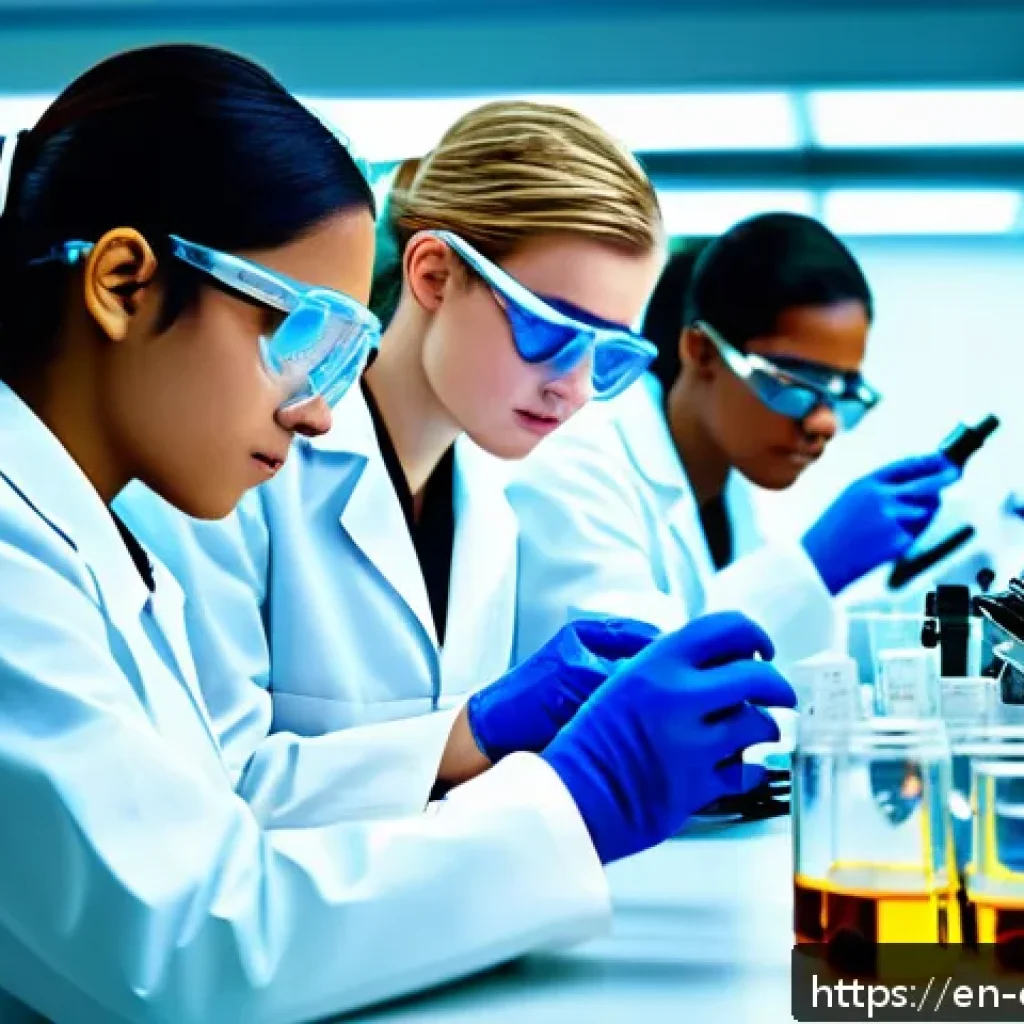 화학공학 인턴십 프로그램 - A modern pharmaceutical laboratory scene showing a diverse group of young interns wearing safety gla...