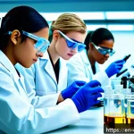 화학공학 인턴십 프로그램 - A modern pharmaceutical laboratory scene showing a diverse group of young interns wearing safety gla...