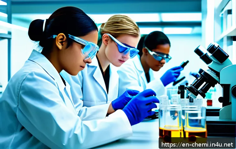 화학공학 인턴십 프로그램 - A modern pharmaceutical laboratory scene showing a diverse group of young interns wearing safety gla...