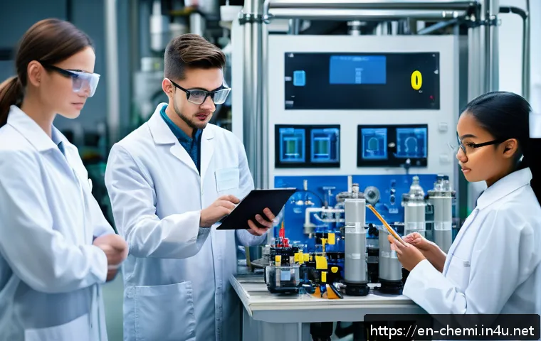 화학공학 현장 경험 중요성 - A diverse group of young chemical engineering students wearing safety glasses and lab coats working ...
