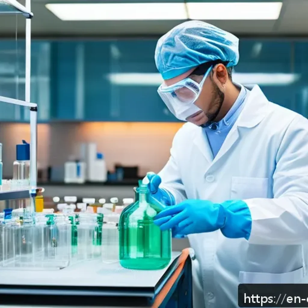 화학공학 실험 준비물 리스트 - A modern chemistry laboratory scene showing a scientist wearing full personal protective equipment i...