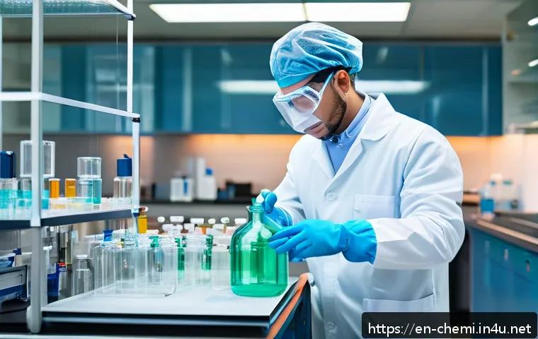 화학공학 실험 준비물 리스트 - A modern chemistry laboratory scene showing a scientist wearing full personal protective equipment i...