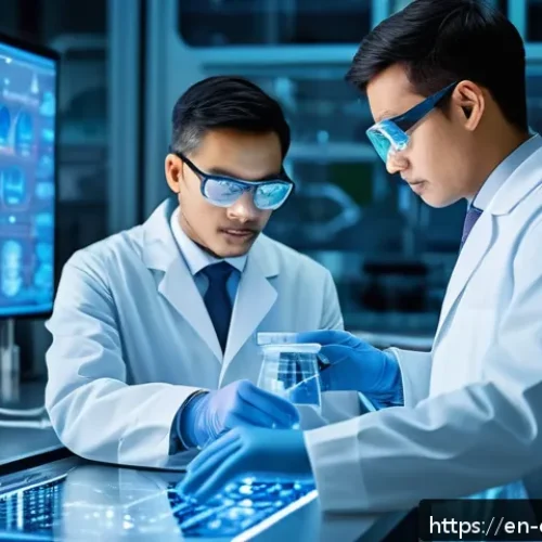 화학공학 공학적 사고력 - A futuristic chemical engineering laboratory with diverse engineers collaborating around a digital 3...