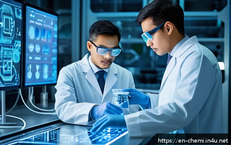 화학공학 공학적 사고력 - A futuristic chemical engineering laboratory with diverse engineers collaborating around a digital 3...