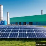 화학공학 기술 트렌드 - A futuristic industrial hydrogen production facility set outdoors with large electrolyzer units powe...