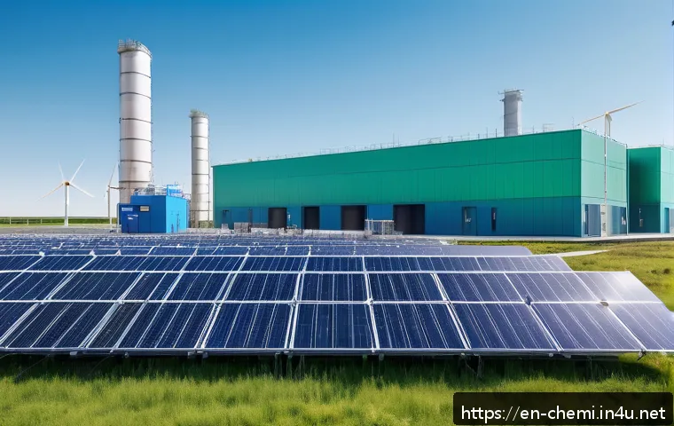 화학공학 기술 트렌드 - A futuristic industrial hydrogen production facility set outdoors with large electrolyzer units powe...