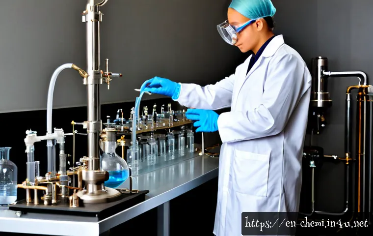 Home 17 화학공학 실험 장비 사용법 - Photorealistic chemical engineering laboratory training scene, an adult student in safety goggles, l...